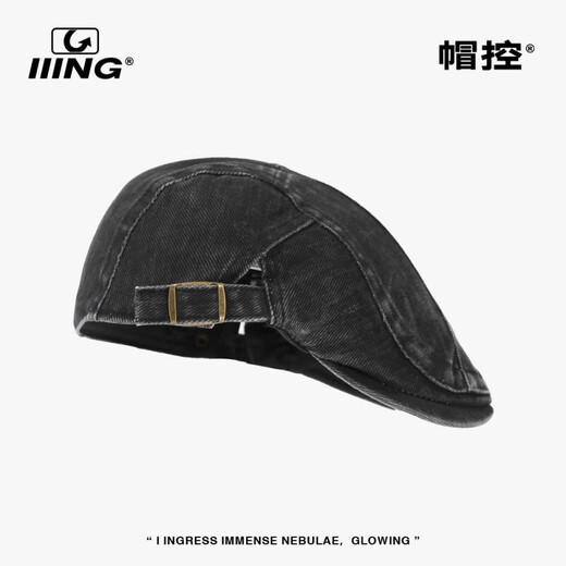 IIING Cap Controlled Washed Denim Beret Women's Distressed Versatile Big Head Circumference Showing Face Small Retro Progressive Hat Men's Washed Charcoal Black M One Size (53-59c) Head Circumference Not Adjustable
