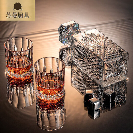 Tuojin whiskey glass and bottle combination set foreign wine glass crystal glass high-end wineware flask European home hand-painted ice cracked style_6 pieces + 750ml wine bottle + handle cup holder 300ml