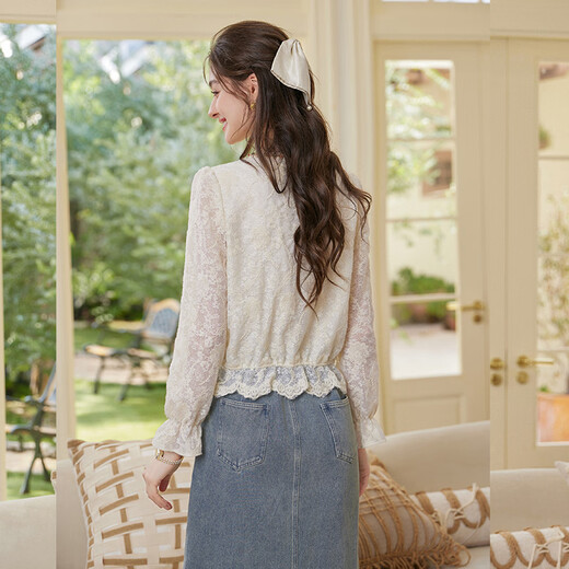 Bailuyu sweet ruffled cuff shirt 26 spring new style French style embroidered shirt for women apricot M