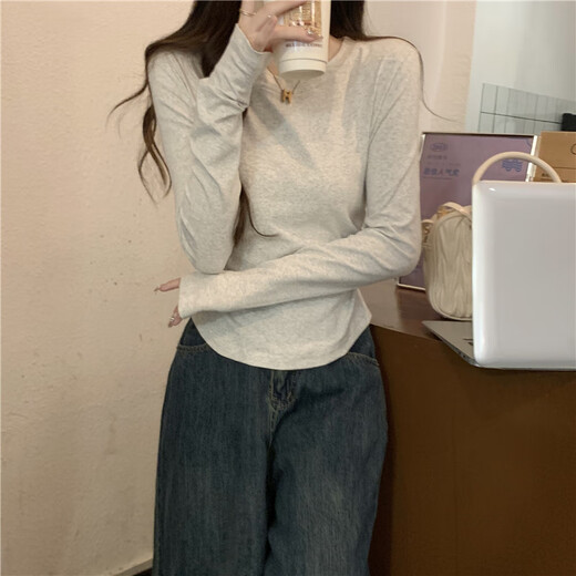 Koranna Pure Cotton Spring Autumn and Winter Slim Waist T-shirt Women's Long Sleeve Slim Short Round Neck Bottoming Top for Small People Floral Gray Long Sleeve M Recommendation 91-105 Jin Jin equals 0.5 kg