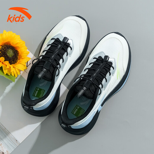 ANTA Children's Sports Shoes for Men and Older Children 2026 Spring and Autumn New Model Densified Mesh Breathable Shock-Absorbing Buckle One-Piece Running Shoes Papery White/Dust Blue/Silver 33 Foot Length 20.5cm