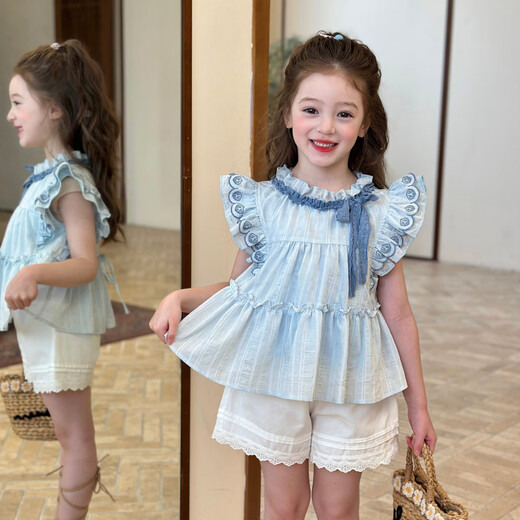 Gardenia's Growth Notes Children's Clothing Girls' Sweet and Gentle Lace Shirt 2026 Spring Children's Embroidered Ruffle Top Blue Shirt 130 cm