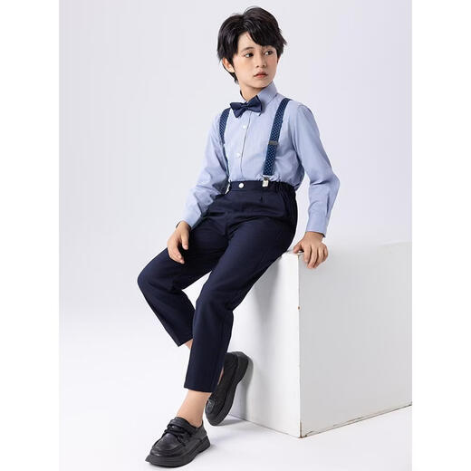 WVD children's piano performance suit boy dress flower girl dress birthday suit British style small host suit suspender style four-piece set - suspender + blue long sleeve + hidden e 130 CM