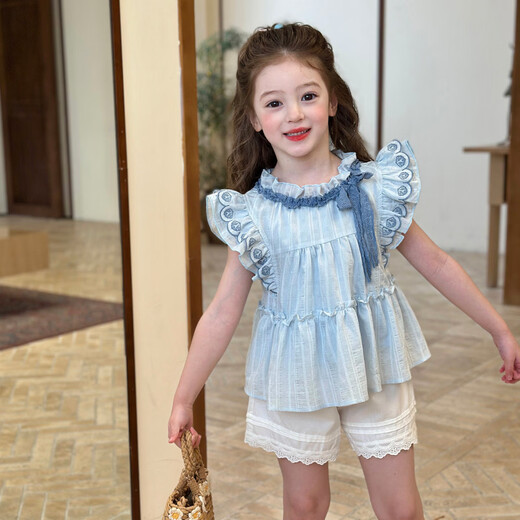 Gardenia's Growth Notes Children's Clothing Girls' Sweet and Gentle Lace Shirt 2026 Spring Children's Embroidered Ruffle Top Blue Shirt 130 cm