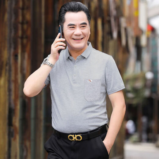 贝吉棋新疆棉夏季短袖t恤棉的男士宽松中老年人翻领带口袋爸爸装大红色 反(领)701宝蓝色 52# 【135-150斤】