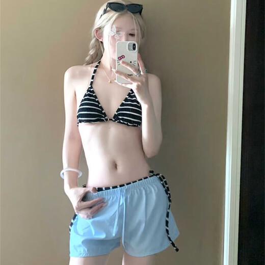 Striped European and American sexy bikini vacation beach loose striped shorts can be worn outside BM style split swimsuit ins black and white striped bikini + shorts M