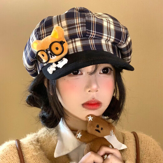 JIOESC cute glasses bear plaid beret for women autumn and winter sweet face-showing small octagonal hat casual versatile painter hat QC gray plaid bear whitening and slimming one size 56-58cm