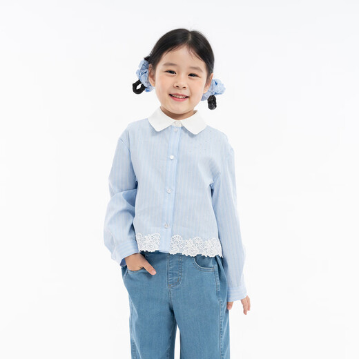 EP YAYING (EP YAYING) Shopping mall same style EP Yaying children's clothing 2026 spring girls new lace splicing hem long-sleeved shirt casual style blue 150