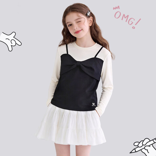 Disney (Disney) Girls T-shirt Long Sleeve Spring Clothing 2026 New Style Children's Bottoming Shirt Fake Two-Piece Autumn Black 140 cm