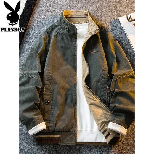花花公子复古立领猎装夹克男春秋款潮流男士休闲双面穿外套男秋装 军绿/卡其 2XL