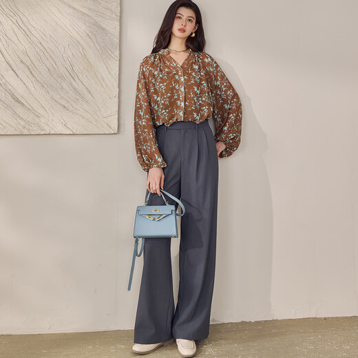 ROEYSHOUSE French retro floral V-neck chiffon shirt for women spring gentle lantern sleeves loose slimming top 13452 color S