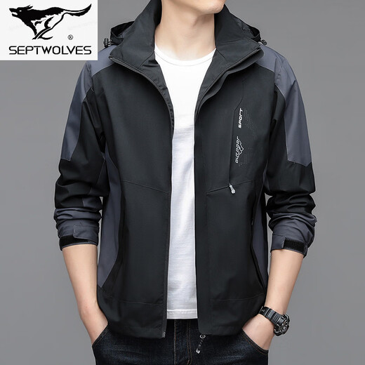 Septwolves 2026 Spring and Autumn New Hooded Jacket Men's High-End Casual Sports Couple Jacket Trendy Brand Jacket Men Black L