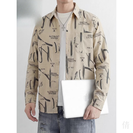 Playboy (PLAYBOY) men's letter printed cotton long-sleeved shirt spring and autumn lapel shirt jacket design top beige L suitable for 120-135Jin Jin equals 0.5 kg