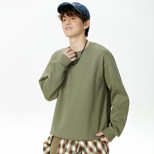 MINISO Youth American Casual Loose Sweatshirt Men's Spring Sports Heavy Design Pullover Gray Bean Green L