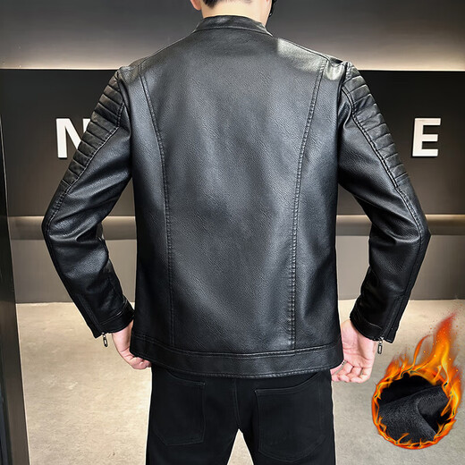 High-quality handsome leather jacket for men in autumn and winter 2025 new fashion stand-up collar jacket plus velvet thickened versatile leather jacket black thickened XL