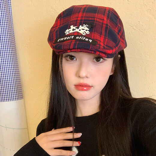 Xiaohongshu Korean style red plaid puppy forward hat for women spring and autumn all-match niche beret big head circumference red plaid M (5658cm)