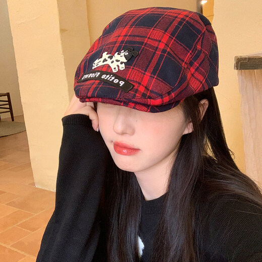 Xiaohongshu Korean style red plaid puppy forward hat for women spring and autumn all-match niche beret big head circumference red plaid M (5658cm)