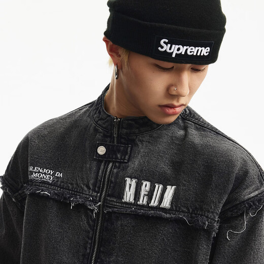 MEDM structured raw edge denim suit--jacket washed and distressed structural line design casual zipper jacket spring black gray S