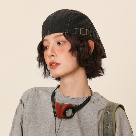 IIING Cap Controlled Washed Denim Beret Women's Distressed Versatile Big Head Circumference Showing Face Small Retro Progressive Hat Men's Washed Charcoal Black M One Size (53-59c) Head Circumference Not Adjustable