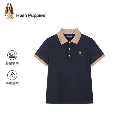 Hush Puppies Children's Clothing Children's Boys 2026 Spring and Summer New Classic Plaid Casual Comfortable Contrast Color Short-Sleeved Polo Shirt Navy Blue 120 cm