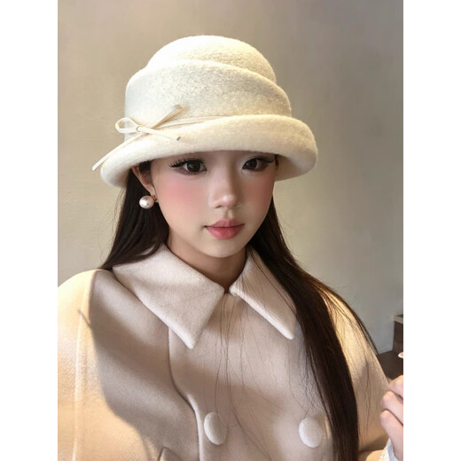 Shijanu retro French bow hat wig women's autumn and winter Hepburn style fisherman hat black brown water ripple milk white bow hat