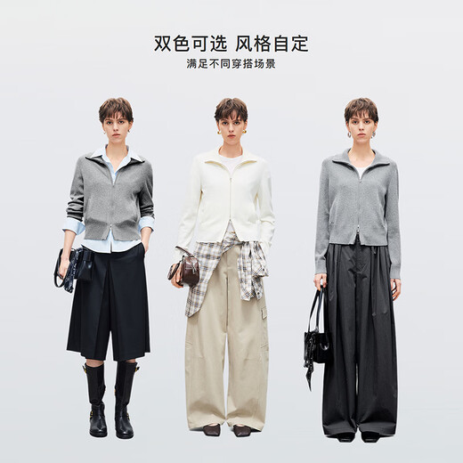 DESIGNICE stand-collar long-sleeved wool sweater 2026 spring new smart commuting temperament zipper cardigan top for women gray M