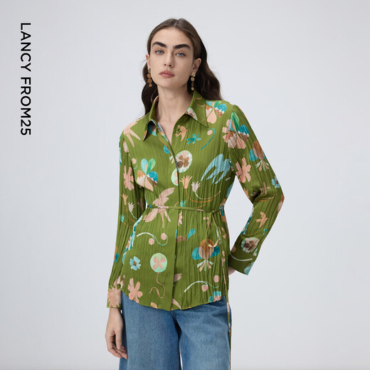 Langzi Yang series Langzi three-dimensional pleated lace-up shirt design waist top 2026 spring new olive green S
