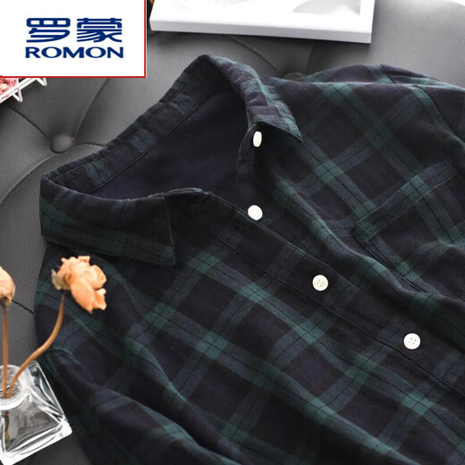 ROMON 100% cotton shirt women's thin double-layer fabric spring and autumn long-sleeved high-quality plaid lapel age-reducing loose top red XL recommended 115-130