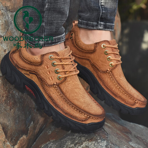 Holzspecker Herrenschuhe Outdoor Casual Big Head Lederschuhe Herren echte Leder wasserdichte dicke Arbeitsschuhe Nicht-Rutsch-Vaters Schuhe 9828 Brown [Schnürung] 40