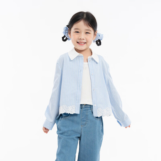 EP YAYING (EP YAYING) Shopping mall same style EP Yaying children's clothing 2026 spring girls new lace splicing hem long-sleeved shirt casual style blue 150