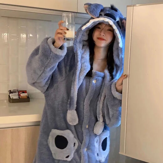 TULX large size pajamas 200Jin Jin is equal to 0.5kg Stitch Cartoon Autumn and Winter Coral Velvet Long Nightgown Couple Internet Celebrity Style Pajamas for Men Blue Stitch Unisex Style 2XL 170-200Jin Jin is equal to 0.5kg High Quality Velvet