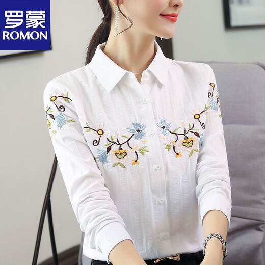 ROMON cotton embroidered shirt 2026 spring and summer new white versatile top embroidered temperament long-sleeved shirt for women white S recommended 75-95Jin Jin equals 0.5 kg