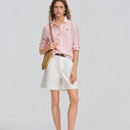 POLOWALK Women's Long Sleeve Shirt 2026 Spring New Contrast Stripe Lapel Commuting Casual Long Sleeve Shirt Pink S S