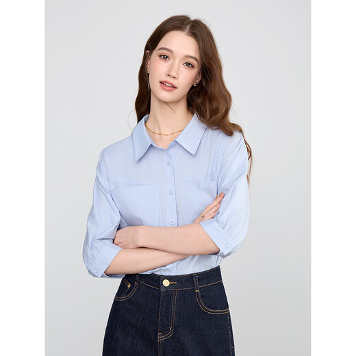 Betu women's 2026 spring and summer new trendy high-end shirt bat-style six-quarter sleeve lazy top 2602T33 blue L