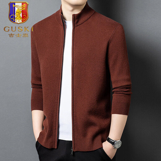 GUSKI light luxury brand high-end men's pure wool sweater men's casual sweater business warm knitted cardigan solid color bottoming shirt auburn exquisite gift box M (105)