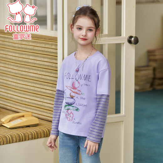 Fuluomi girls fake two-piece T-shirt spring new casual striped stitching long-sleeved T-shirt purple 110