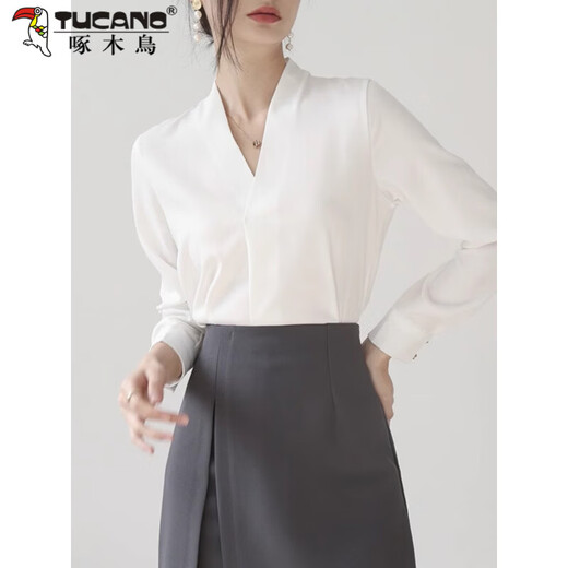 Woodpecker high-end collarless white shirt women's work clothes top autumn style temperament chiffon v-neck professional long-sleeved shirt white L