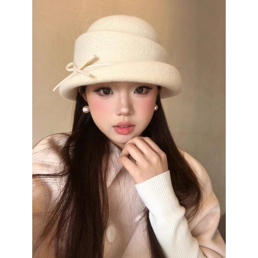 Shijanu retro French bow hat wig women's autumn and winter Hepburn style fisherman hat black brown water ripple milk white bow hat