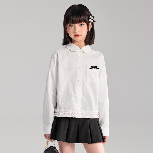 Ueki miu college style girls' shirt pure cotton children's long-sleeved shirt bow spring and autumn white 120