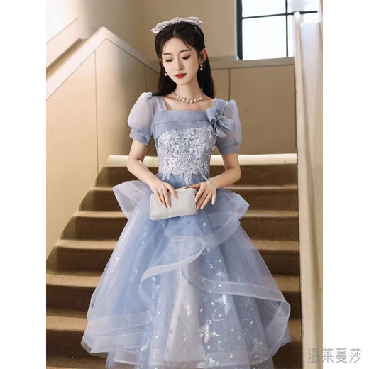Wenlai Mansha dress, high-end light luxury niche evening dress, high-end adult ceremony dress, host can usually wear art exam dress, blue mid-length M