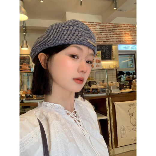 Xiaohongshu Korean-style retro hollow knitted beret for women with big head and face, small literary and versatile art reverse blue M (5658cm)