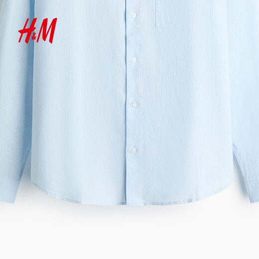 H&M 2026 new spring men's casual fit linen blend shirt 1307417 light blue S 170/92