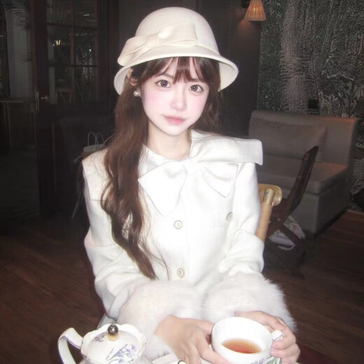 Zhizhou Hepburn style big bow top hat white thousand gold hat French British style retro hat winter atmosphere fisherman hat white gentle bow top hat suitable for 56-59 head circumference
