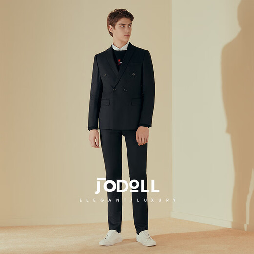 JODOLL乔顿男士商务休闲黑色西装外套双排扣羊毛西服套装上衣 黑色 48A
