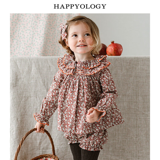 Happyology British autumn tops children's suit handmade smock embroidered shirt printed long sleeves