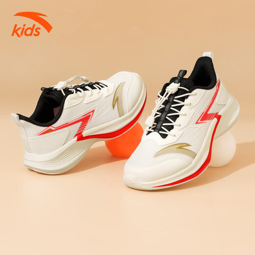 ANTA children's sports shoes for men and older children 2026 spring and autumn new dense mesh breathable shock-absorbing buckle one-leg running shoes ivory white/fire red/metallic gold 33 foot length 20.5cm