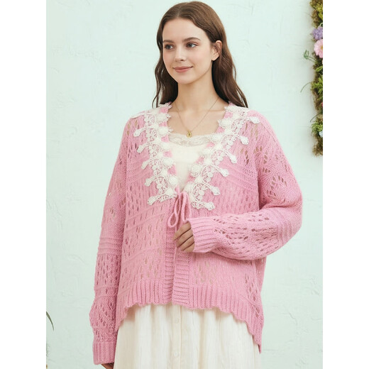 Two or three things are nostalgic for inertia 2026 spring new style sweet lace stitching hollow mohair strap knitted cardigan for women light pink-y S