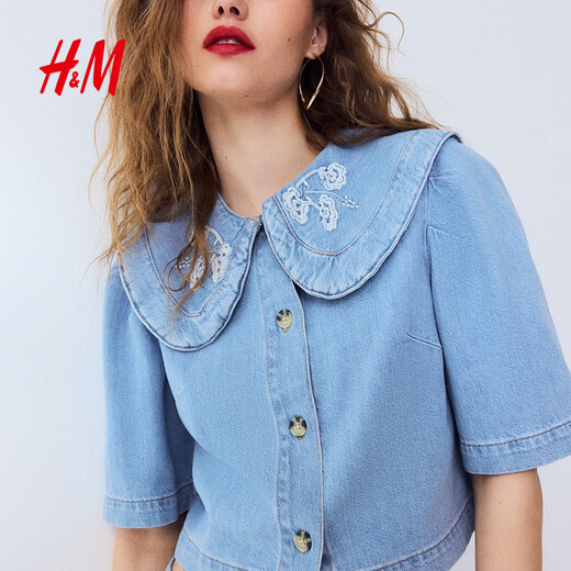 H&M Women's Shirt 2026 Spring New Collared Denim Fashion Trend Short Denim Jacket 1316675 Light Denim Blue/Flower XS 155/80