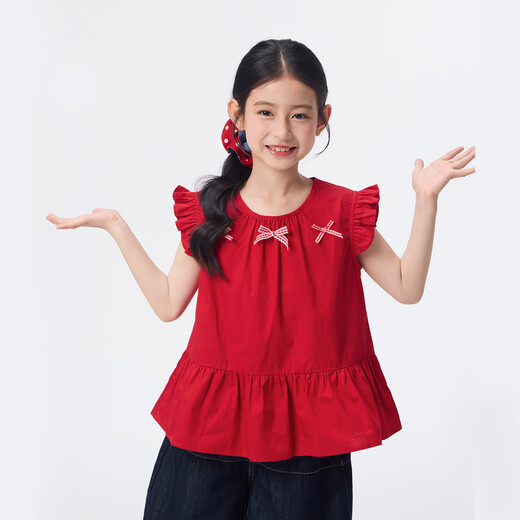 Xiaoyinman children's clothing girls small flying sleeve shirt bow decoration 26 summer children's casual tops for middle and large children red 160