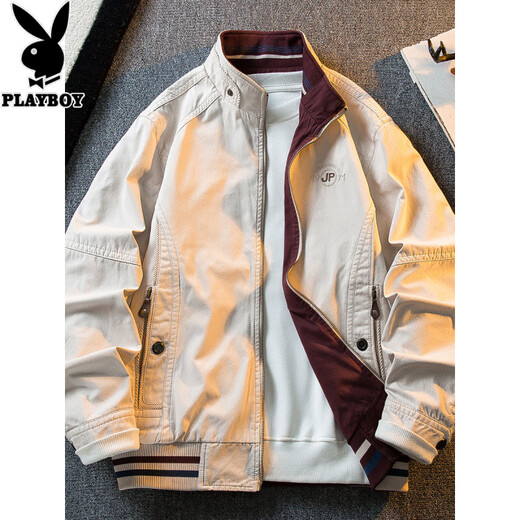 花花公子复古立领猎装夹克男春秋款潮流男士休闲双面穿外套男秋装 军绿/卡其 2XL